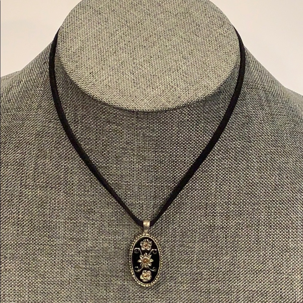 Silver Tone Floral Enamel Pendant Black Necklace